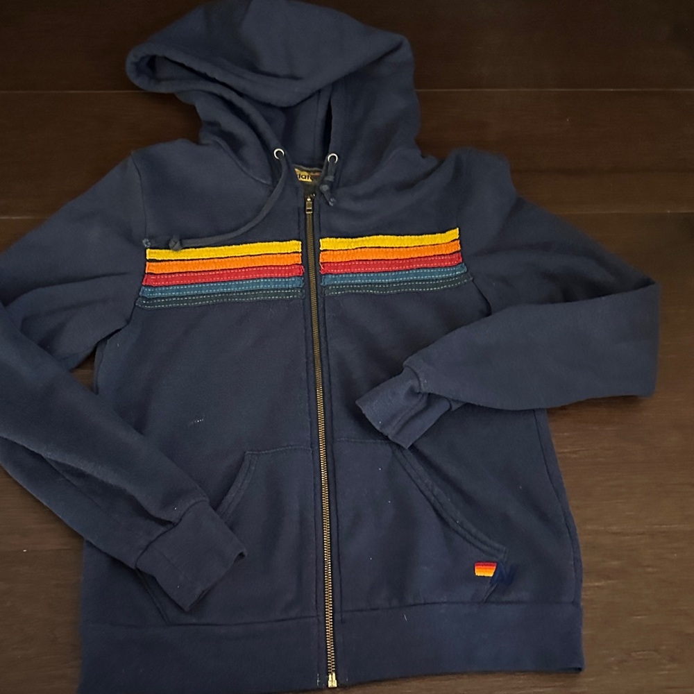 Aviator Nation **EUC** Navy Zip Hoodie with Yellow, Orange, Red & Teal Stripes